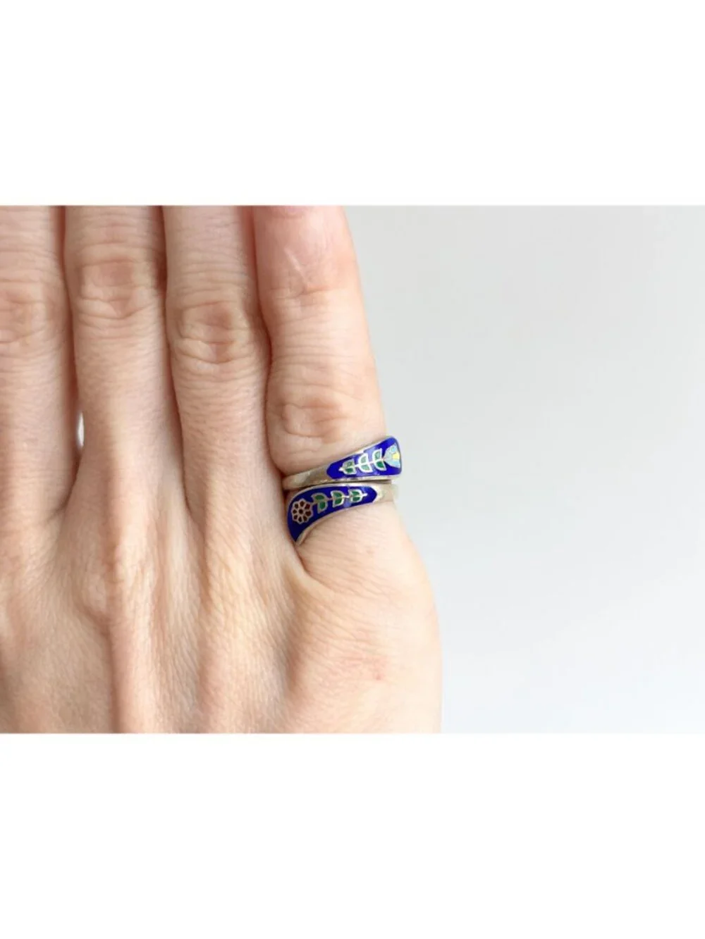 Cloissone Enameled Floral Made Wrap Sterling Silver 925 Vintage Ring - sz 4